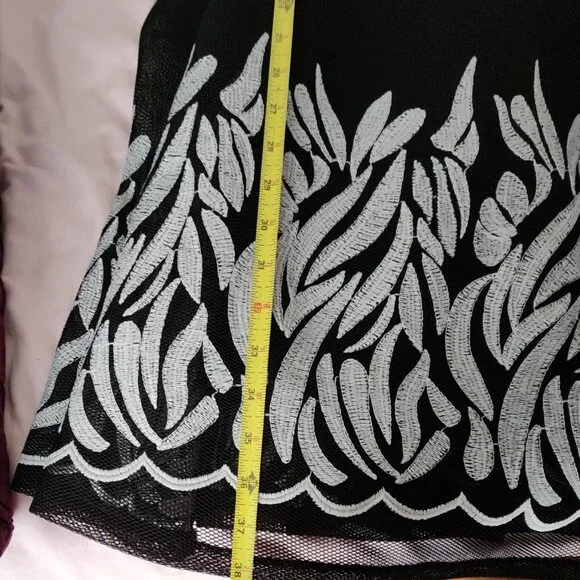 DKNY Black Mesh Fit & Flare Dress with White Leaf Embroidery Size 14 - Picture 9 of 9